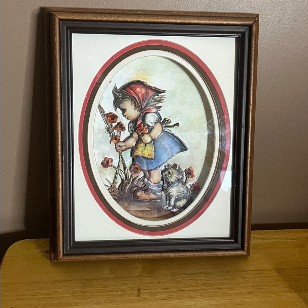 😄Vintage paper tole shadow box art girl dog flowers
